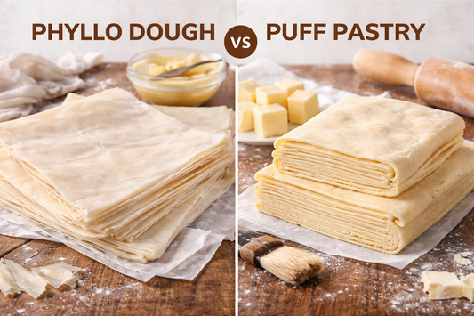 Bulk puff pastry sheets stacked on parchment paper for wholesale in Miami