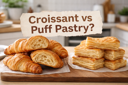 Bulk puff pastry and croissants on cutting board in Miami bakery kitchen