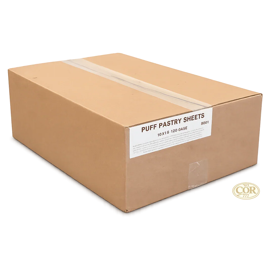 Bulk frozen puff pastry case for wholesale in Miami, large plain box labeled puff pastry sheets.